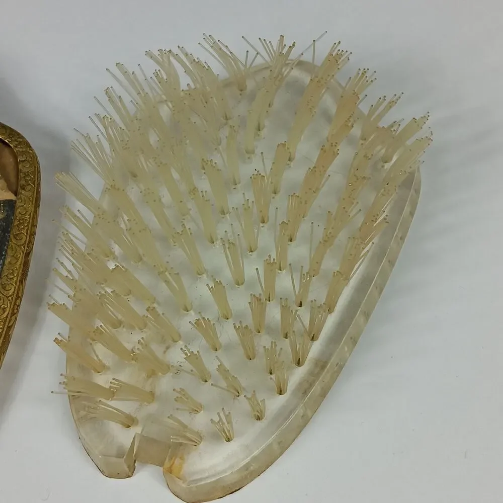 Vintage Hair Brush Brown Marble Like Back Golden Handle Clear Bristles Removable
